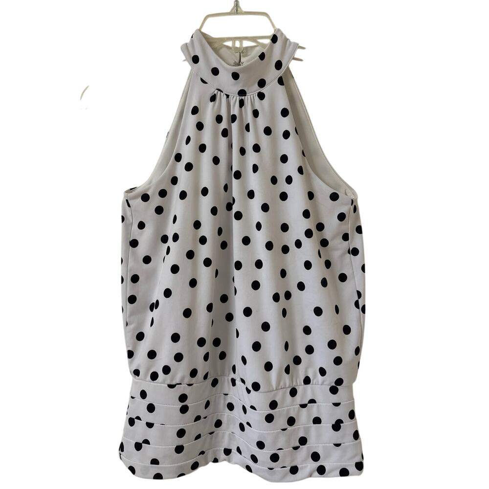 BHBM White W Black Polkadots High Collar Racerback Top Gathered Front Neck